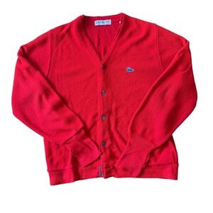 Izod Lacoste Vintage Cardigan Medium Red Orlon Acrylic V-Neck Sweater USA Made